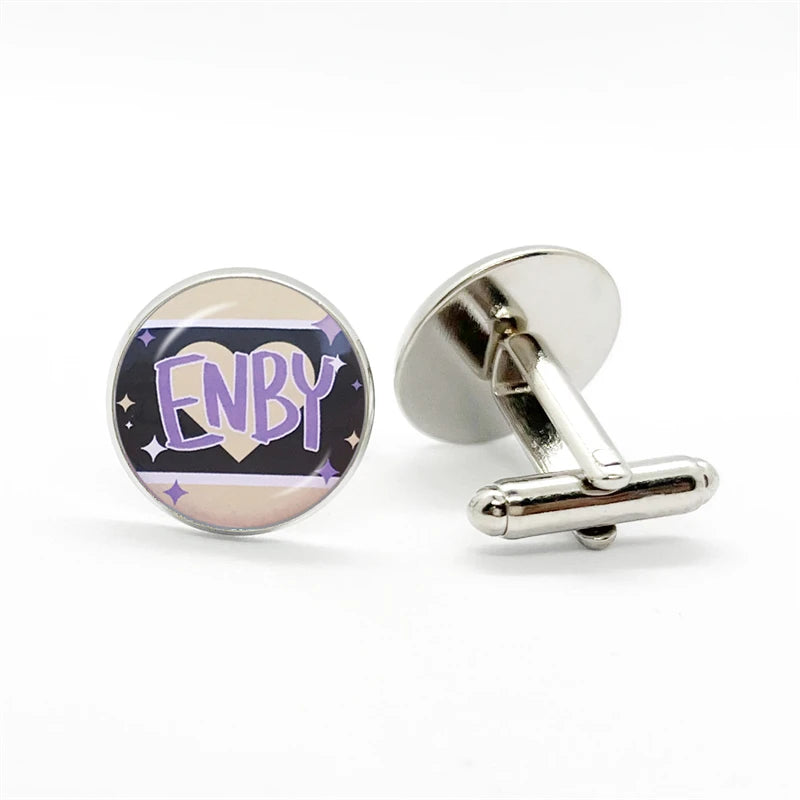 ENBY Pride Cufflinks showcasing a vibrant nonbinary pride design with ENBY over a heart