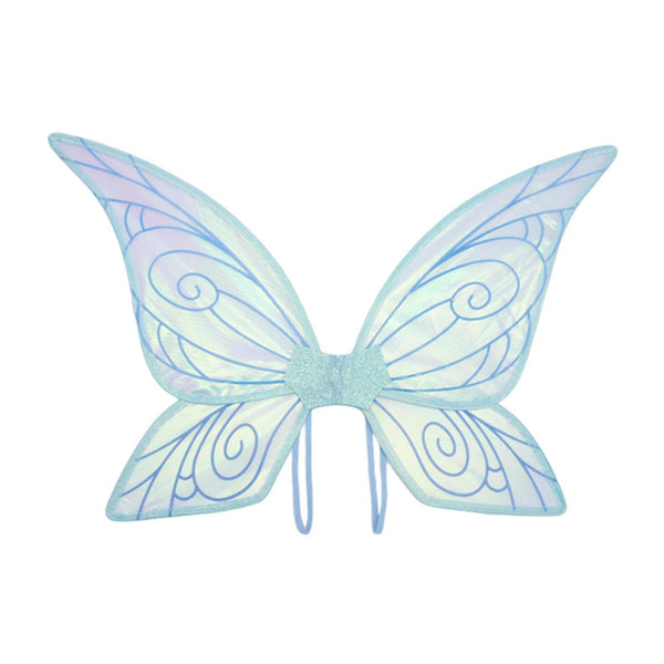 Front-facing iridescent fairy wings with blue swirls and a glittery center