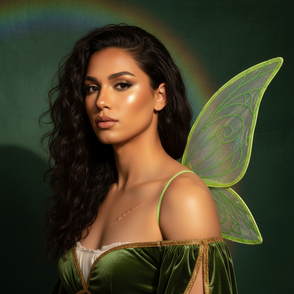 Model wearing sparkling green fairy wings over a green costume, shown from the side