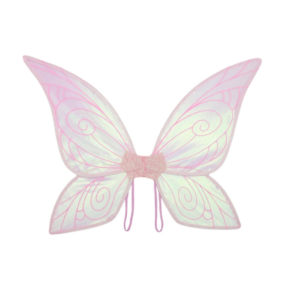 Front view of iridescent pink fairy wings with four pointed panels and swirl patterns