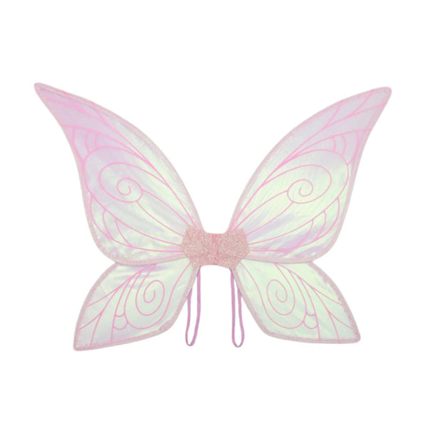 Front view of iridescent pink fairy wings with four pointed panels and swirl patterns