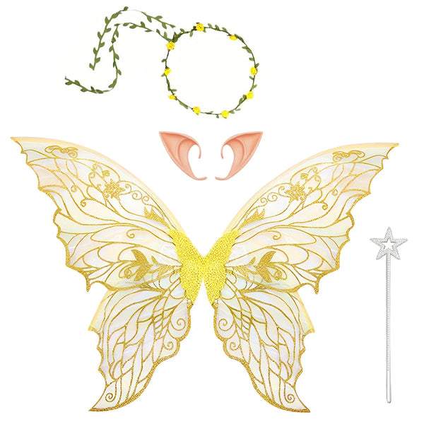 Flat-lay fairy costume set with gold-trimmed wings, flower vine headband, ears, and star wand