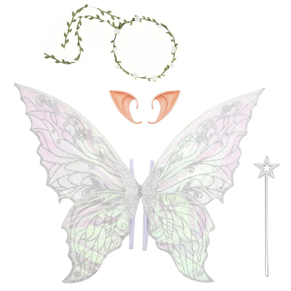 Flat lay of iridescent butterfly wings, leaf crown, elf ears, and star wand