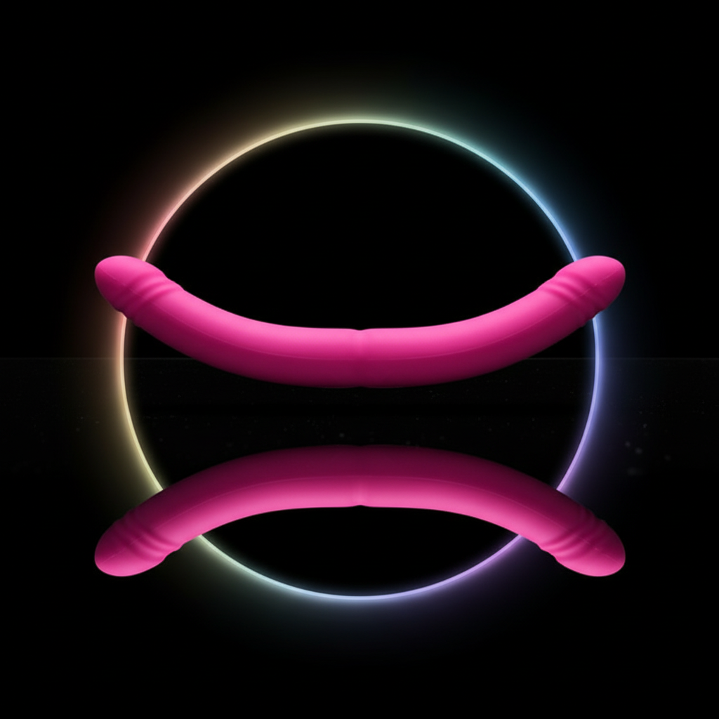 Bright pink curved double-ended strap-on dildo shown horizontally over a glowing circular backdrop