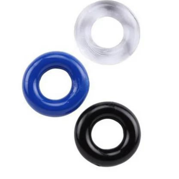 Three glossy silicone cock rings in clear, blue, and black, shown from above