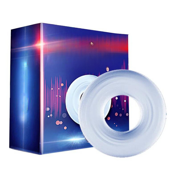 White silicone cock ring displayed in front of a blue and purple product box