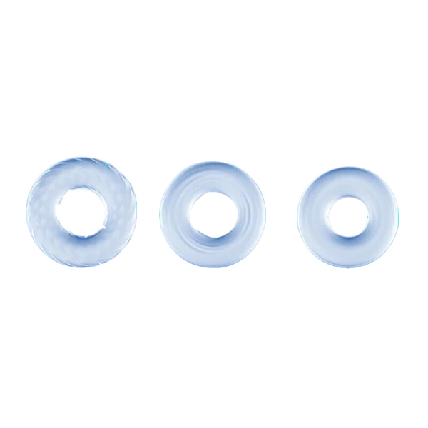 Three translucent blue silicone cock rings shown from above on a white background