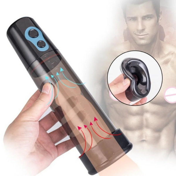 Hand holding a transparent penile vacuum pump with blue controls and a black ring attachment