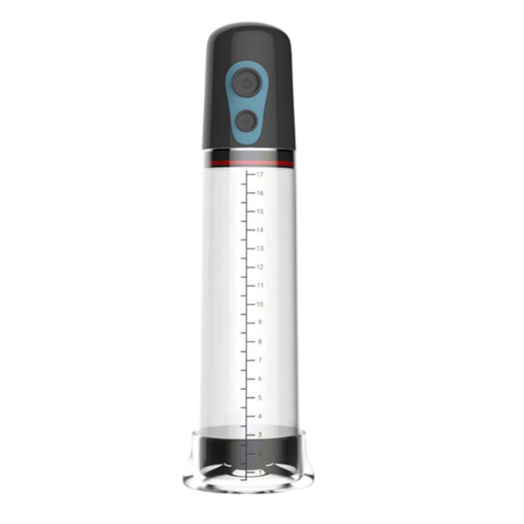 Upright electric penile vacuum pump with a clear graduated cylinder and black control top