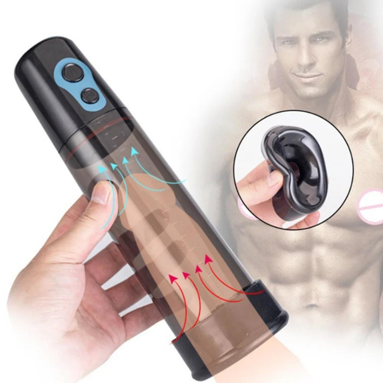 Hand holding a transparent penile vacuum pump with blue controls and a black ring attachment