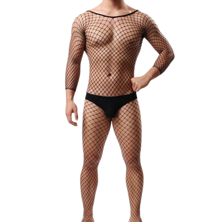 Front view of a model wearing a black fishnet bodysuit over black briefs