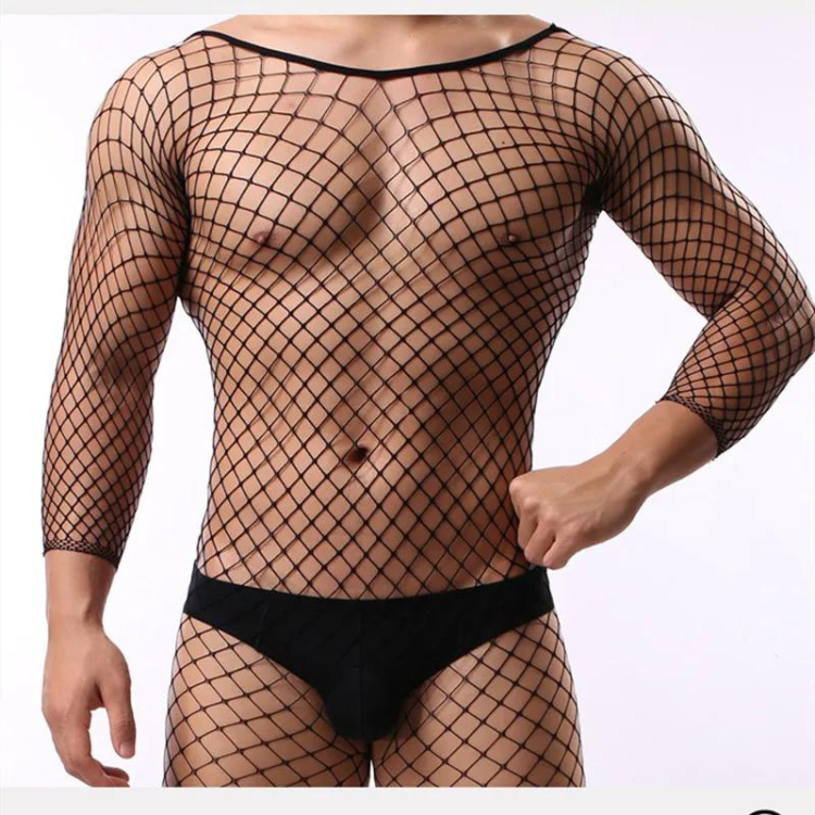 Front-view model wearing a sheer black long-sleeve fishnet bodysuit over black briefs