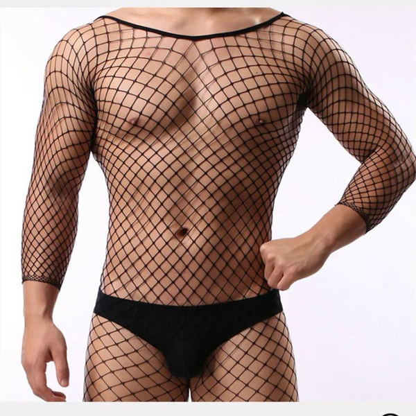 Front-view model wearing a sheer black long-sleeve fishnet bodysuit over black briefs