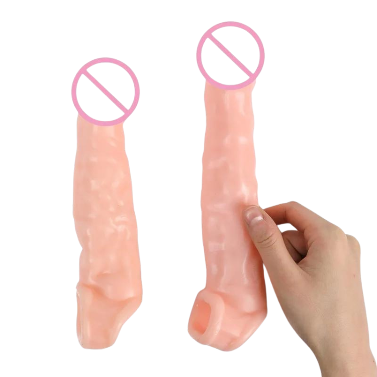 Two translucent pink penis sleeves shown upright; one is held by a hand, with no-entry symbols over the tips.