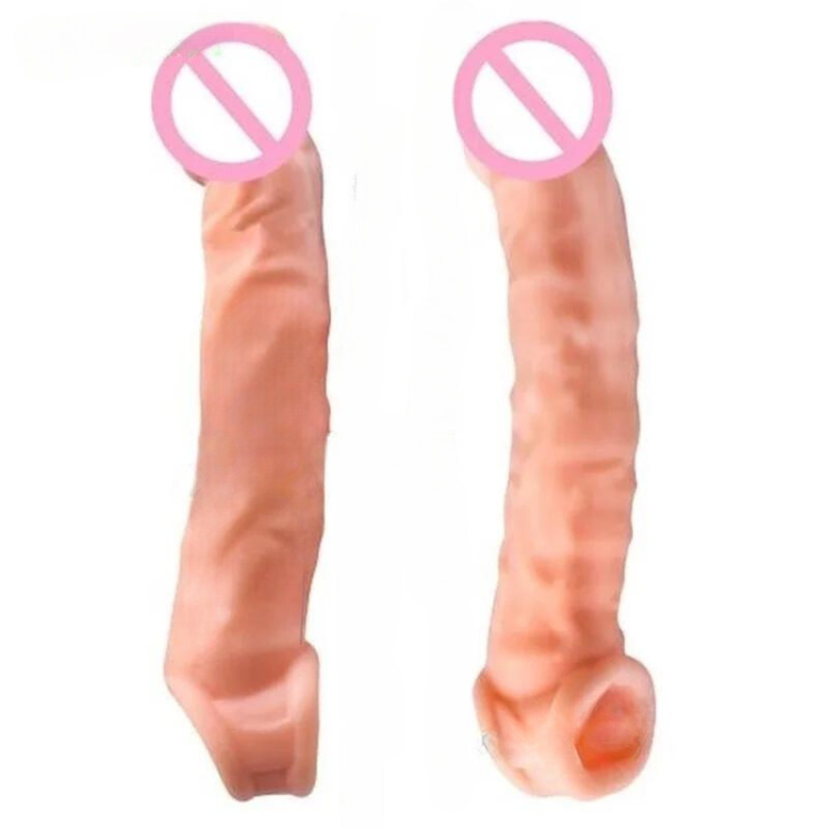 Two realistic flesh-toned penis sleeves shown upright side by side, with openings at the base