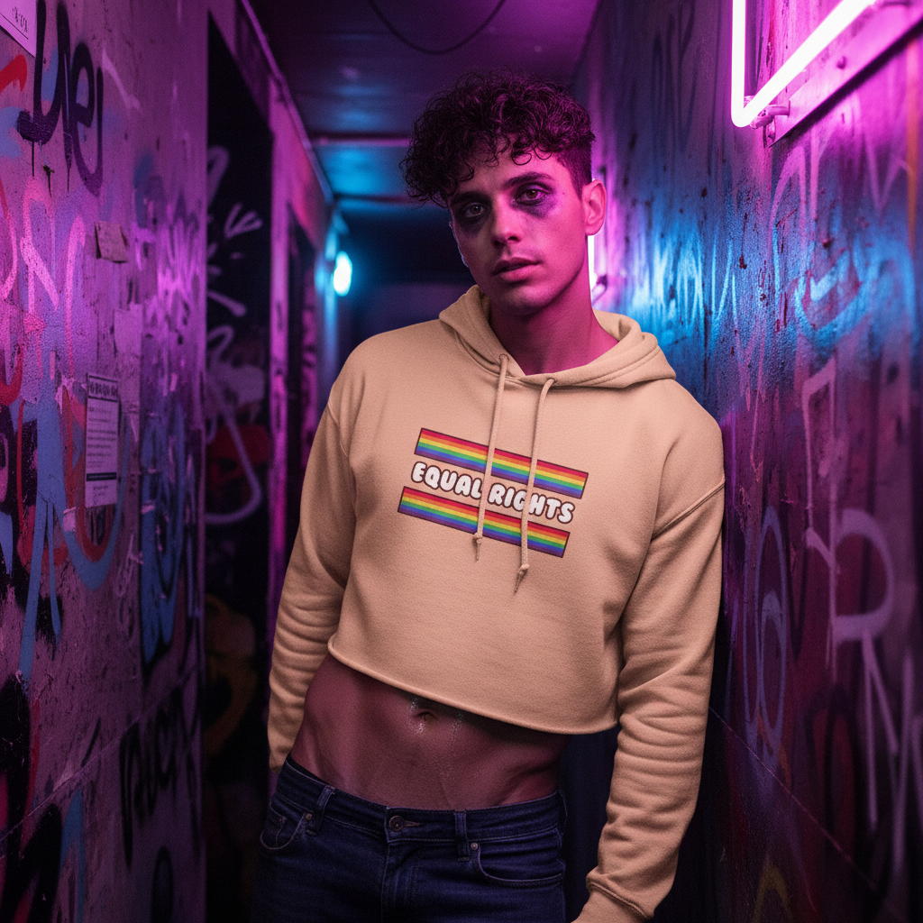 Equal Rights Crop Hoodie with rainbow stripes, worn by a curly-haired person in a neon-lit, graffiti hallway