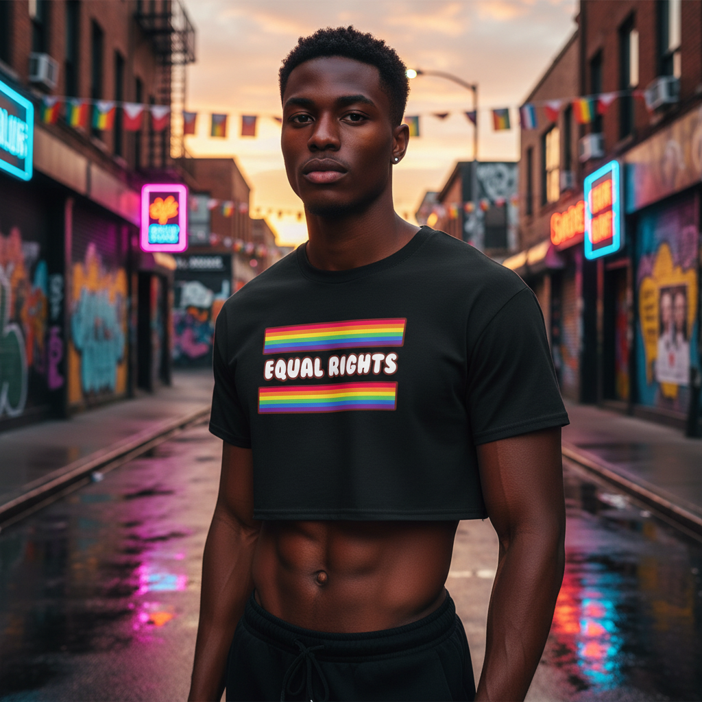Equal Rights Crop Top in black with bold rainbow stripes and "Equal Rights" slogan