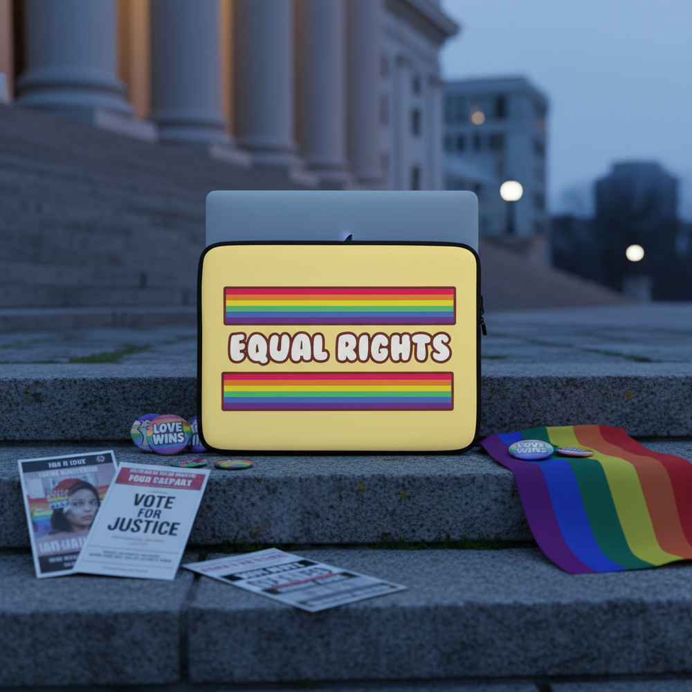 Yellow laptop sleeve with bold rainbow stripes and “EQUAL RIGHTS” text, on stone steps with queer pride buttons, flag