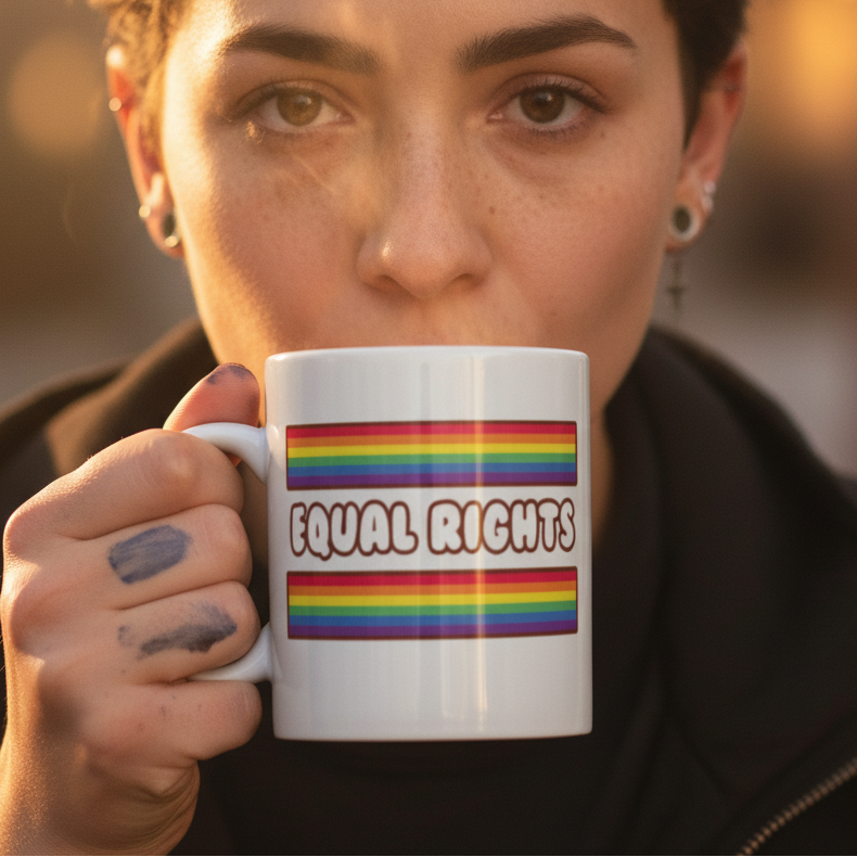 Person holds a white mug reading “EQUAL RIGHTS” between two rainbow stripes