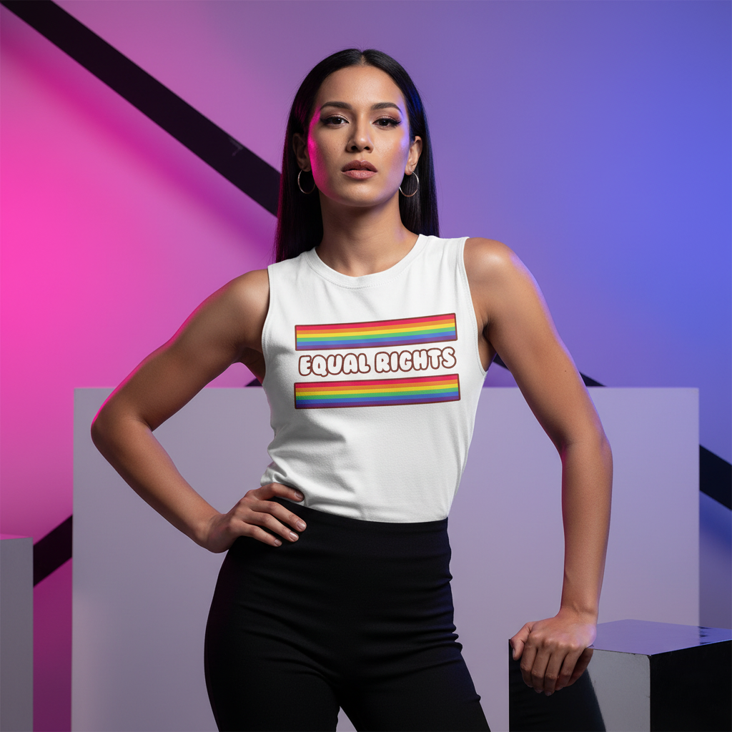 Equal Rights Muscle Top with bold “EQUAL RIGHTS” on rainbow stripes, black pants