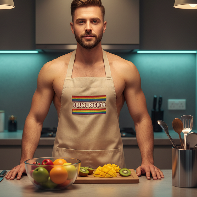 Front-facing person wearing a beige apron with a rainbow-bordered “EQUAL RIGHTS” patch