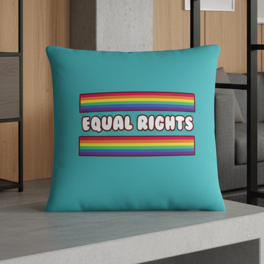 Turquoise LGBT pillow with “EQUAL RIGHTS” in bold white, black-outlined letters, between two rainbow stripes