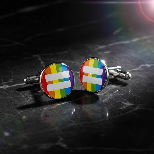 Pair of rainbow-striped cufflinks with white equals signs on a dark marble surface