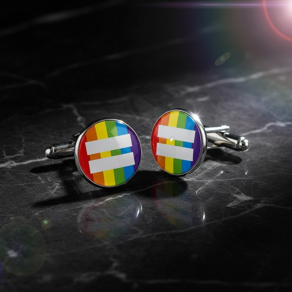 Pair of rainbow-striped cufflinks with white equals signs on a dark marble surface
