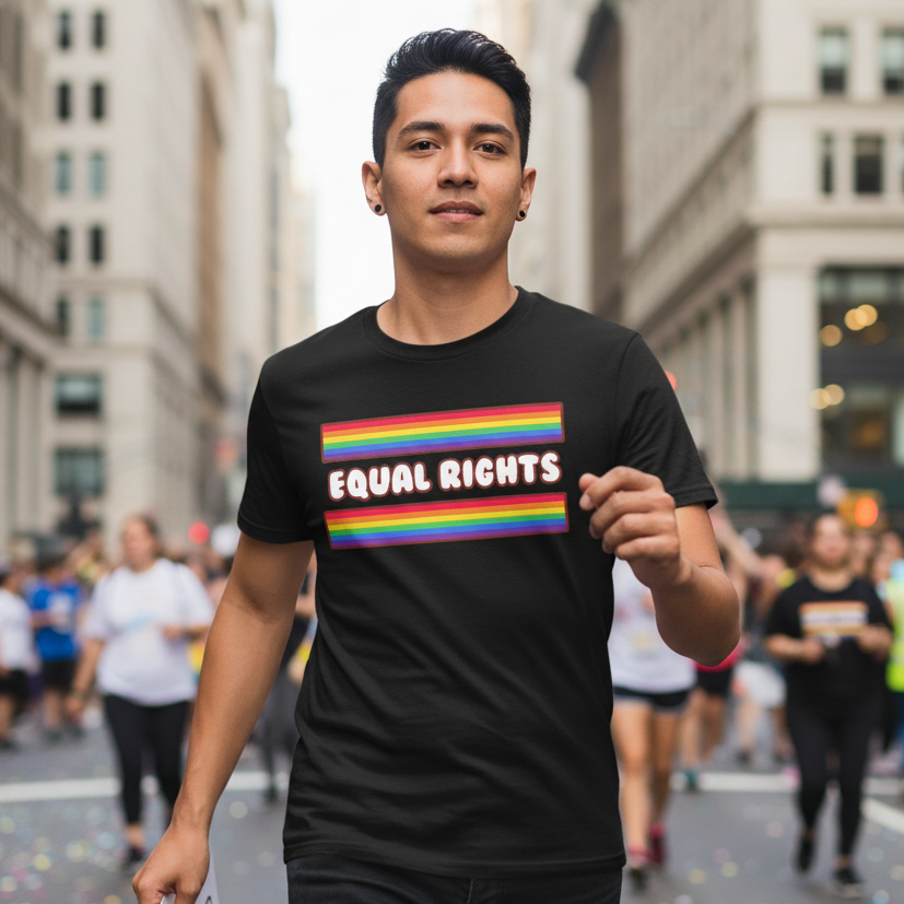 LGBT cotton tee with rainbow stripes and bold “EQUAL RIGHTS,” rocked by a person at a city pride parade with crowds