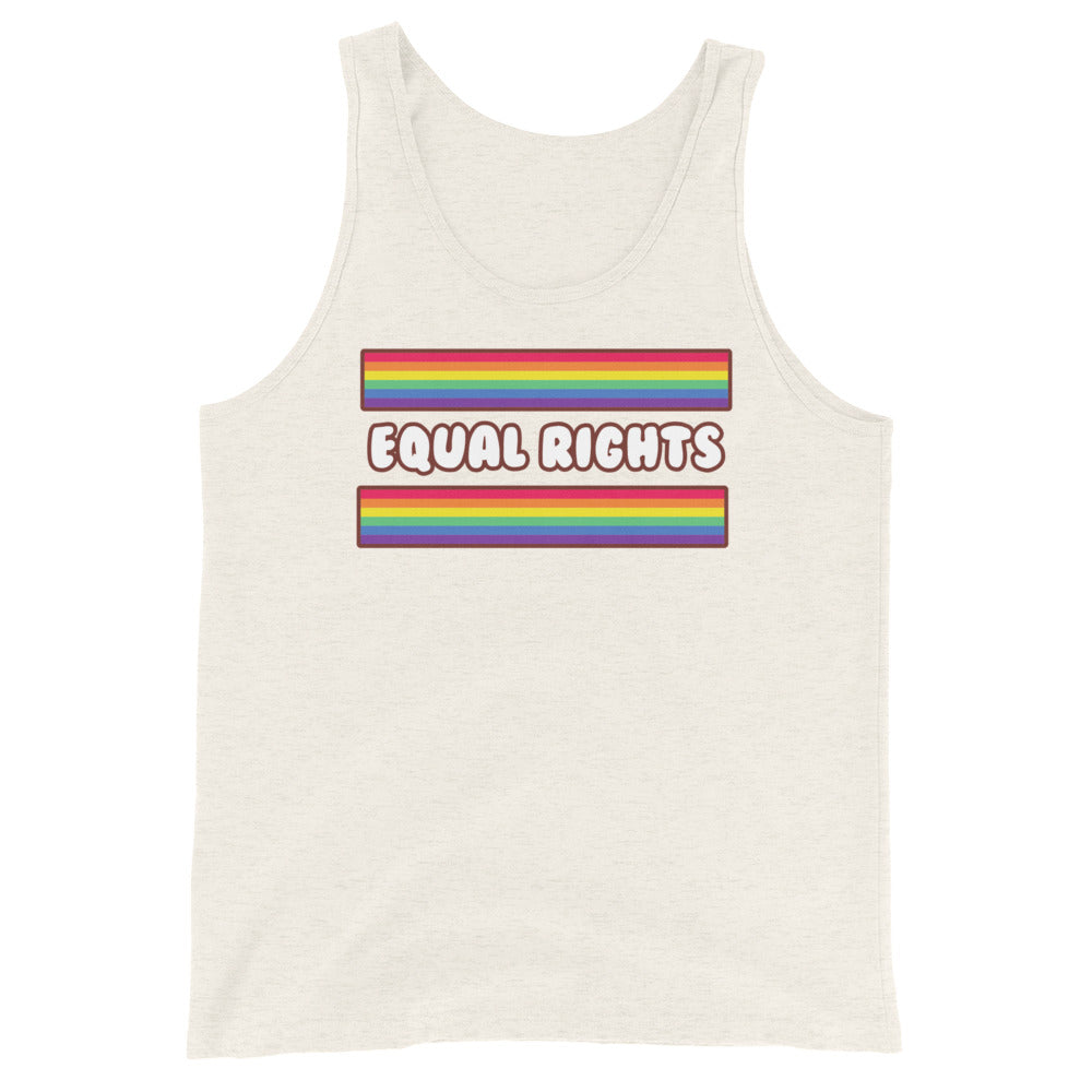 Front view of a cream tank top with rainbow stripes and “EQUAL RIGHTS” lettering