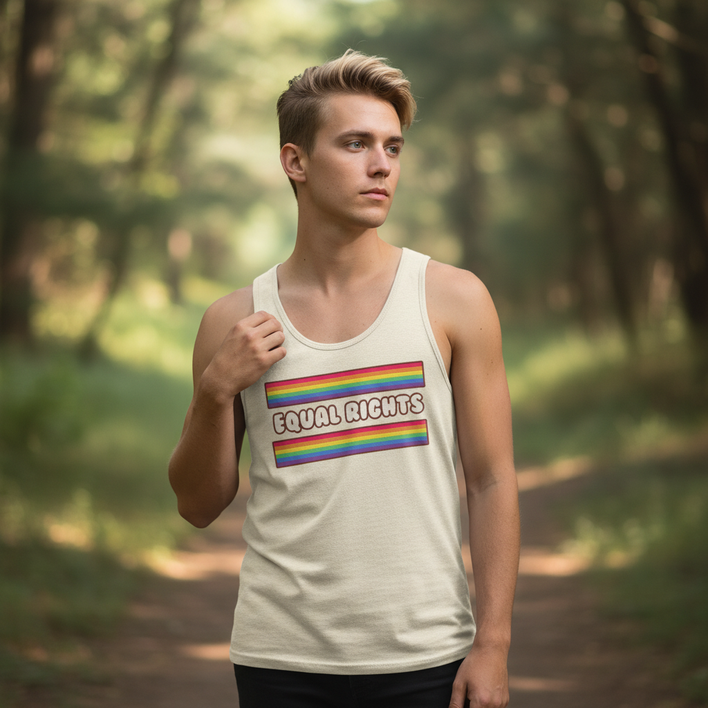 Unisex tank top in cream with rainbow Pride stripes and “Equal Rights” slogan, worn by a blond man on a forest path.