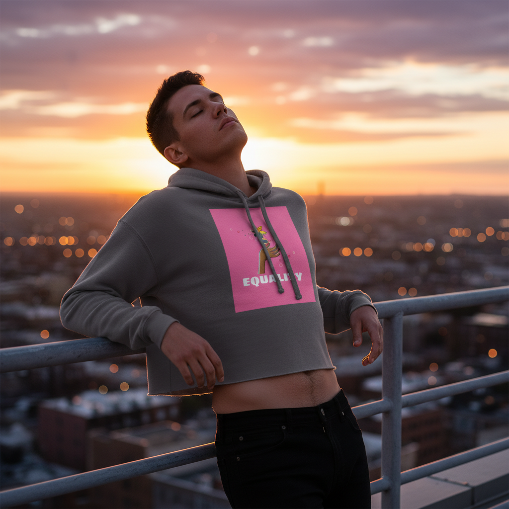 Equality Crop Hoodie with a pink square and “EQUALITY” text worn by a short-haired person, city lights glowing at sunset.