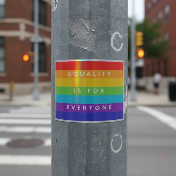 Holographic sticker in rainbow stripes on a gray pole reads “EQUALITY IS FOR EVERYONE,” beaming queer pride and visibility.