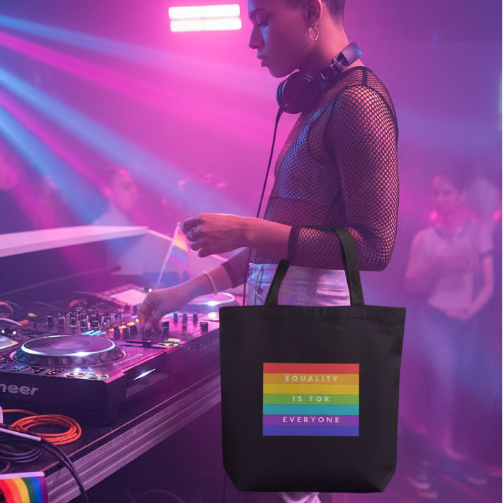 Black tote bag reading “EQUALITY IS FOR EVERYONE” in rainbow stripes at a DJ booth