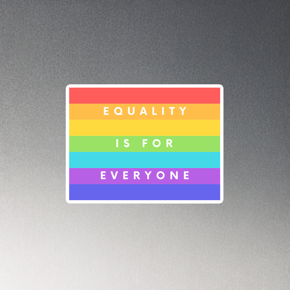 Rectangular rainbow-striped magnet reading “EQUALITY IS FOR EVERYONE”