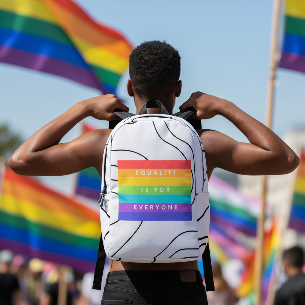 Minimalist backpack with rainbow stripes and “Equality Is For Everyone” slogan
