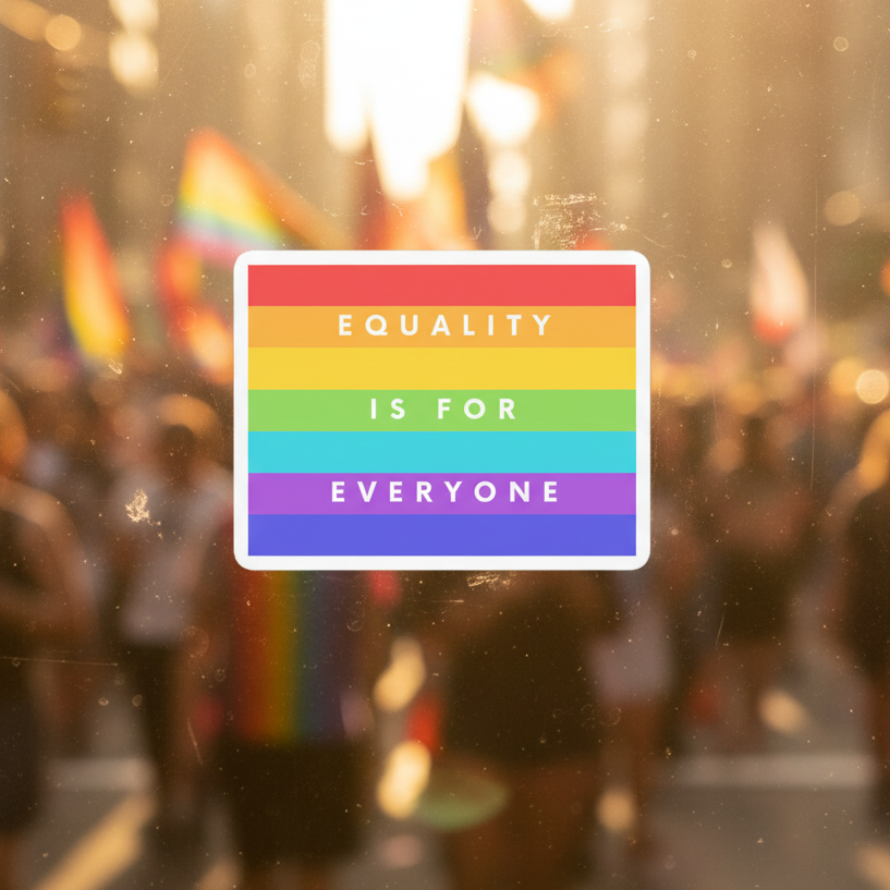 Equality Is For Everyone Bubble-Free Stickers, featured at a queer parade with rainbow flags and a rainbow-striped sign