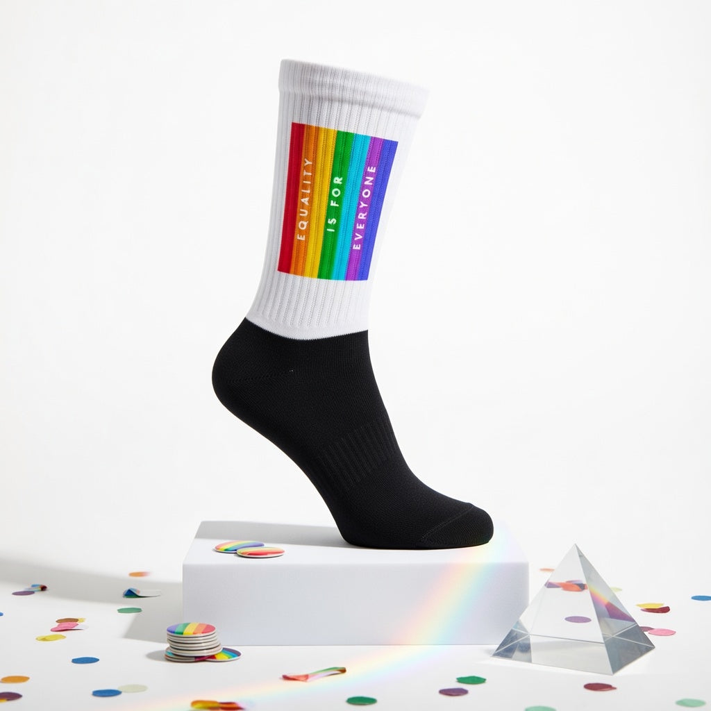 Crew-length socks with a white leg, black foot, rainbow stripes, and "Equality Is For Everyone" text