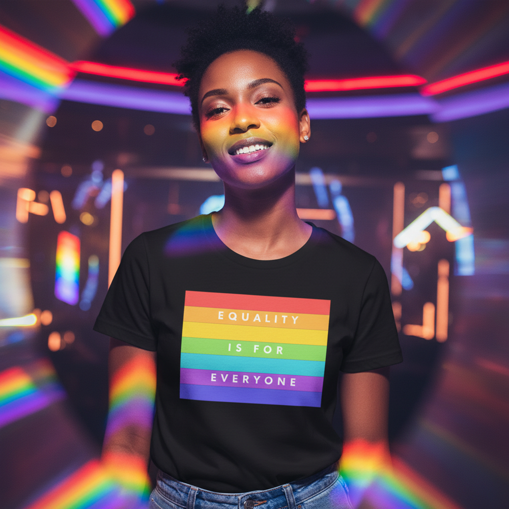 Unisex black cotton T-shirt with rainbow stripes and bold “Equality Is For Everyone” slogan, worn by a smiling person