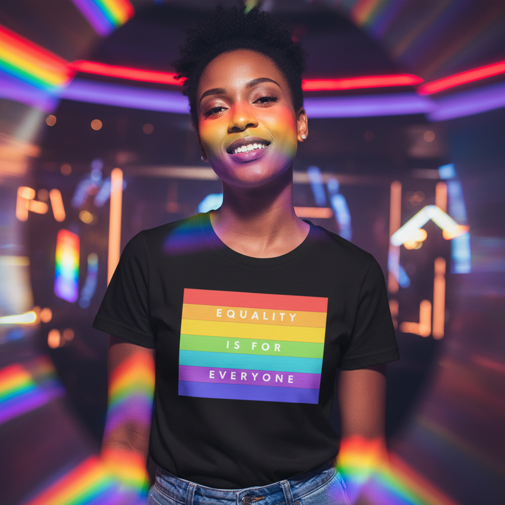Unisex black cotton T-shirt with rainbow stripes and bold “Equality Is For Everyone” slogan, worn by a smiling person