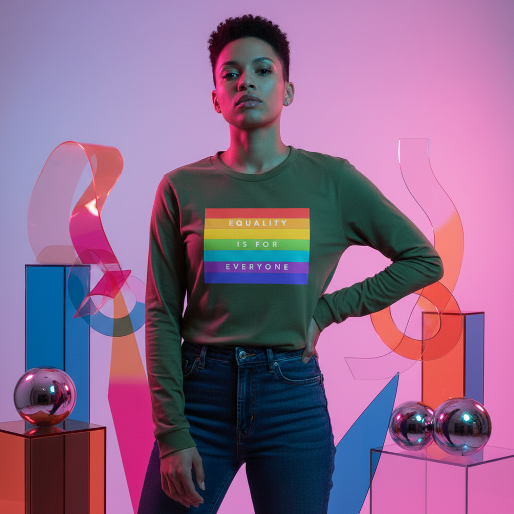 Long sleeve "Equality Is For Everyone" tee styled over a rainbow pride flag