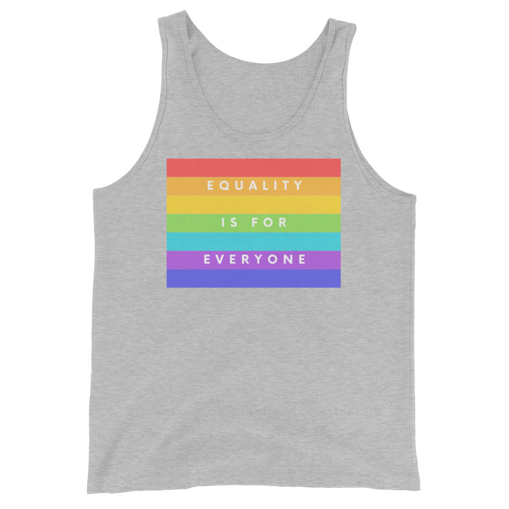 Front view of a gray tank top with rainbow stripes reading “EQUALITY IS FOR EVERYONE”