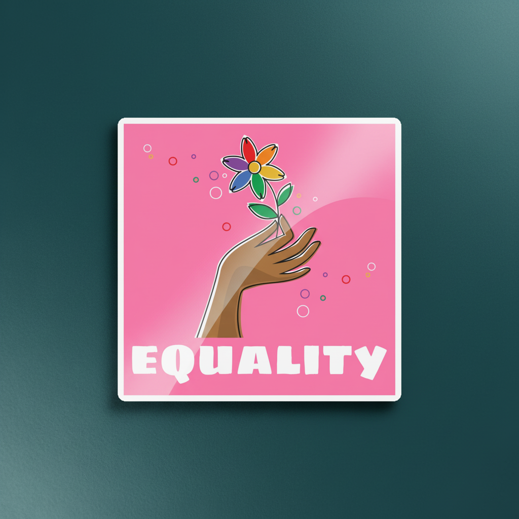 Equality Magnet with light and dark-skinned hands holding a colorful flower, on pink with bubbles
