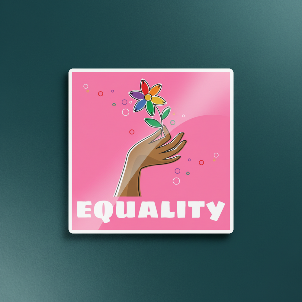 Equality Magnet with light and dark-skinned hands holding a colorful flower, on pink with bubbles