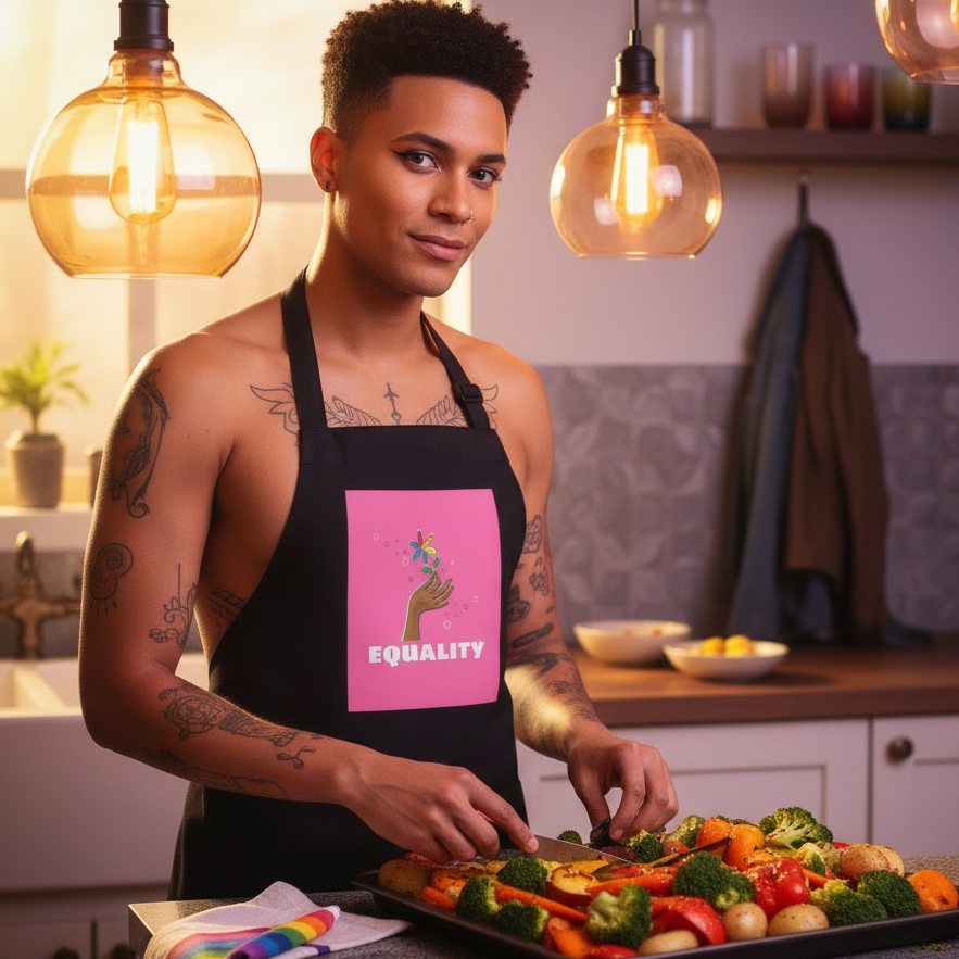 Person wearing a black apron with a pink floral “EQUALITY” panel while preparing vegetables