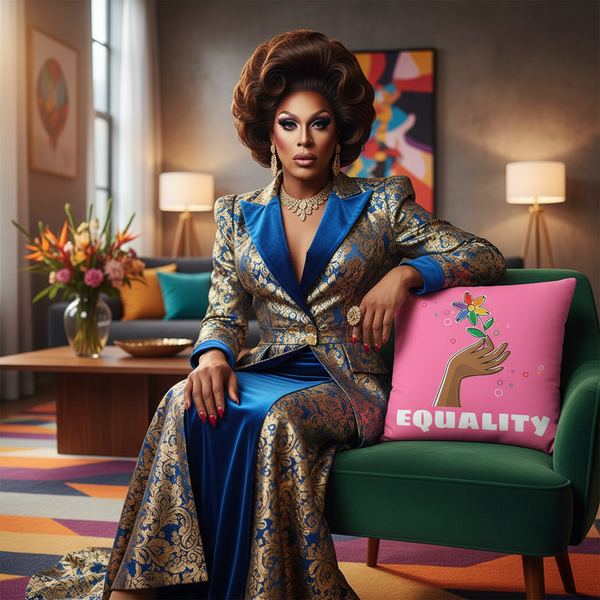 A person in a blue and gold brocade suit sits by the Equality Premium Pillow—hand with flower, “EQUALITY”—in a colorful room