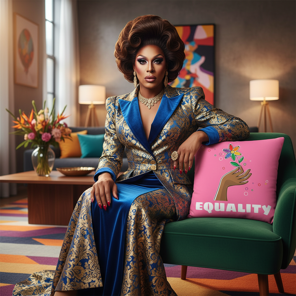A person in a blue and gold brocade suit sits by the Equality Premium Pillow—hand with flower, “EQUALITY”—in a colorful room