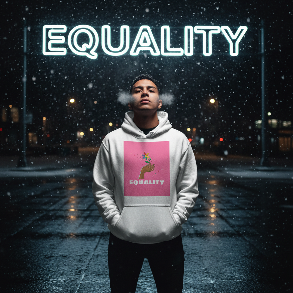 Person wearing a white Equality hoodie in a snowy city street at night