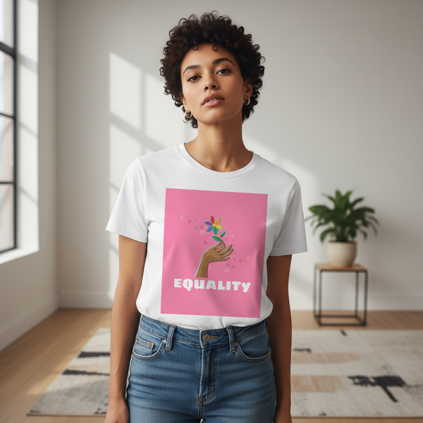 Equality Unisex T-Shirt, soft cotton, features a pink hand holding a colorful flower and bold “EQUALITY.” Sunlight streams