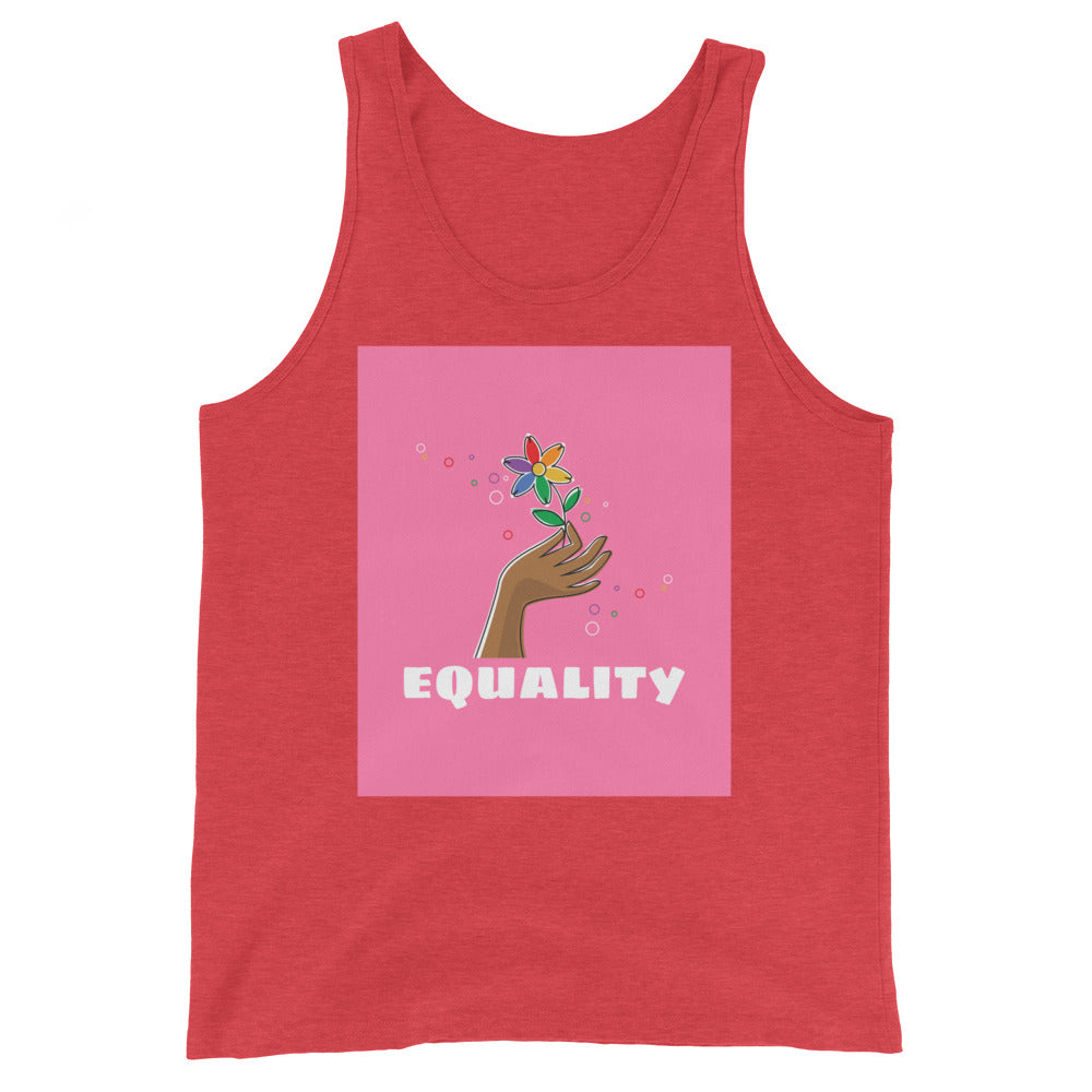 Unisex tank top with a hand clutching a bright flower on pink, "EQUALITY" in bold white text, bubbles